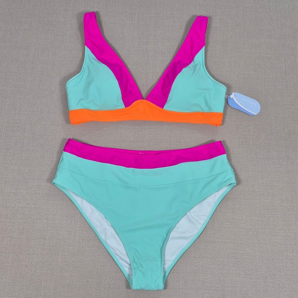 Hilinker Womens Colorblock Bikini Set High Waisted Teal Pink Orange XL NWT
